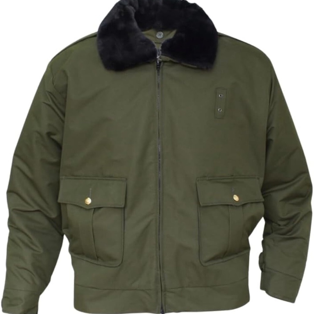 Olive green coat with black faux fur collar